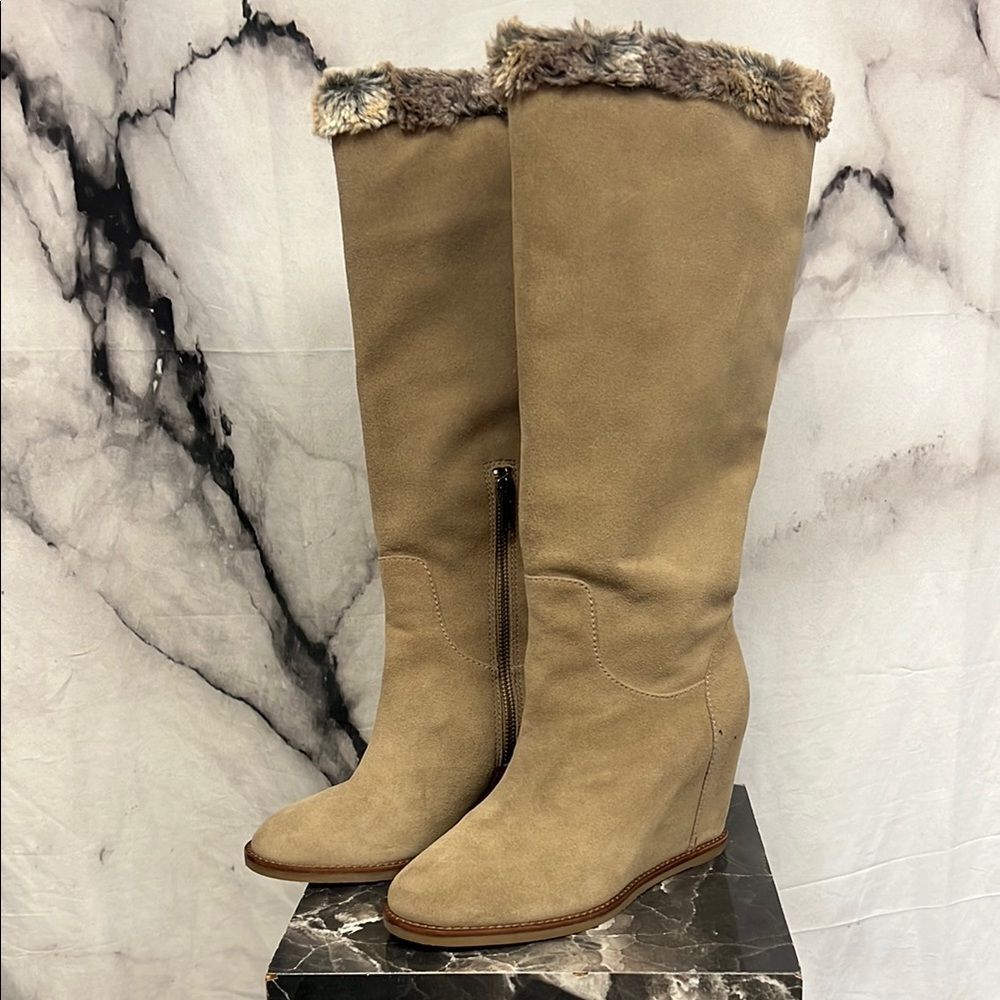 * Johnston & Murphy Tan Winter Wedge Boots with Faux Fur Trim